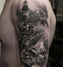Black And White Lighthouse Tattoo Designs 30 Lighthouse Tattoo Ideas Cuded Lighthouse Tattoo Shoulder Tattoo Tattoo Designs