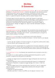 Che non presiede un dicastero ma fa parte del consiglio dei ministri. Il Governo Diritto Riassunto Per Tesina Docsity