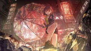 Roki, short hair, brunette, anime, anime girls, digital art, artwork, 2D,  portrait, city, night, rain, umbrella, low-angle | 2048x1152 Wallpaper -  wallhaven.cc