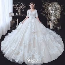 ❤ top qualität & günstiger preis. Schone Champagner Plus Grosse Brautkleider Hochzeitskleider 2020 Ballkleid V Ausschnitt 1 2 Armel Ruckenfreies Applikationen Spitze