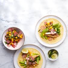Remove skin from fish and divide fish among tortillas. Grilled Chicken Tacos With Radish And Mango Salsa