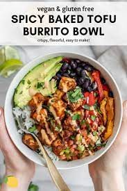 Vegan Crispy Baked Tofu Burrito Bowl Eat With Clarity Recipe Baked Tofu Vegan Burrito Bowls Tofu Recipes