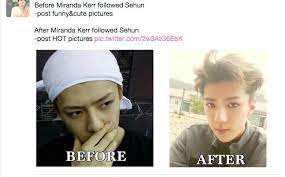 After learning, miranda kerr likes . Before And After Picture Of Sehun After Being Followed By Miranda Kerr On His Ig Sehun Sehun Exo Funny Kpop