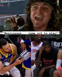 Stephen Curry trolling Tari Eason who rocked a "Warriors Come Out To Play"  shirt, referencing the scene from the movie “The Warriors”