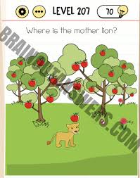 With the little card with two carrots on it, swipe downward through the middle of the card to make one carrot each. Brain Test Level 207 Where Is The Mother Lion Answers Brainoutanswers Com