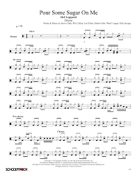 Don't worry if some of the symbols look unfamiliar to you just concentrate on working out which is, for example the snare or bass drum or if two parts of the drum kit are written in line with each other meaning they are to be played simultaneously. Pour Some Sugar On Me Sheet Music Def Leppard School Of Rock Drums
