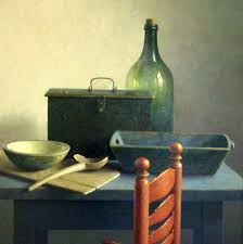 stilleven oma s keuken met rode stoel olieverf op linnen 70 x 70 cm 1989 stilleven rode stoelen tegel kunst