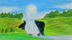 How To Draw A Scenery Of Stream Waterfall Step By Step With Oil Pastel Oil Pastel Drawings Easy Drawings