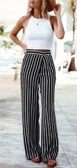 Aesthetic Black And White Striped Pants Outfit Ideas Fall Outfits Women S White And Black Striped Pants With White Crop Top Cool Summer Outfits Basic Summer Outfits Fashion