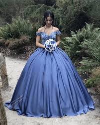 Fashion Dusty Blue Cheap Vestidos De Quinceanera Dresses Off The Shoulder With Sleeves 3d Floral Flowers Satin Sweet 16 Dresses Quince Dresses Sweet 15 Dresses