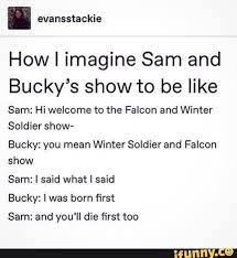 How I Imagine Sam And Bucky S Show To Be Like Sam Hi Welcome To The Falcon And Winter Soldier Show Bucky You Mean Winter Soldier And Falcon Show Sam L Said