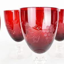 Another imperial glass pattern, mostly made a bit later than the depression era is vintage, full of grapes but imperial did produce some milk glass that has a sheen and in a few interesting patterns. Ruby Red Etched Glass Stemmed Goblet Glasses With Grape Design For Sale At 1stdibs