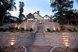 Terraced Retaining Wall With Stairs And Accent Lighting Contemporary Landscape Minneapolis By Allan Block Retaining Wall And Patio Wall Systems