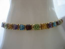 Estate 14k Yellow Gold Square Multi Gemstone Tennis Bracelet Tennis Tennis Bracelet Gold 14k Yellow Gold