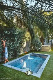 Here, the white fiberglass pool liner is installed on the dark naturally finished deck. Mini Pool Design In The Garden Homemydesign