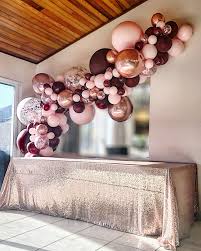 Burgundy Pink And Rose Gold Balloon Garland By Stylish Soirees Soirees Perth Rose Gold Balloons Rose Gold Party Balloon Decorations