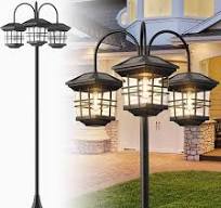 76" Classic Black Solar Lamp Post Lights - 3-Head Waterproof ...