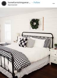 Love The Contrast But Maybe In Blue Instead Of Black Love The Bed Frame Too Modern Farmhouse Style Bedroom Farmhouse Style Bedroom Decor Home Decor Bedroom