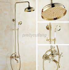 Luxury Gold Color Brass Wall Mounted Bathroom Rainfall Shower Faucet Set Pgf451 Home Stuff Improvement Garden Luxu Shower Faucet Sets Shower Faucet Faucet