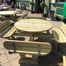Oxford 8 Seat Round Picnic Table With Seat Backs Wooden Picnic Bench For Commercial Or Home Use Benchmark Picnic Tables