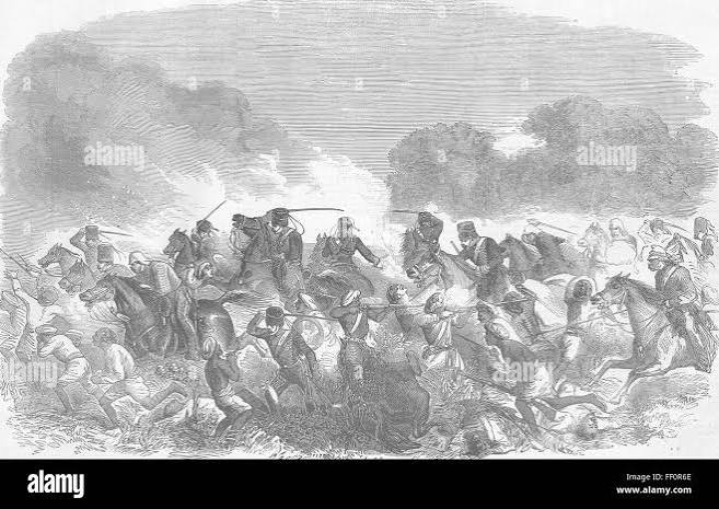 INDIA Mutiny attack on Secundra Gunge, Allahabad 1858. Illustrated London News Stock Photo - Alamy