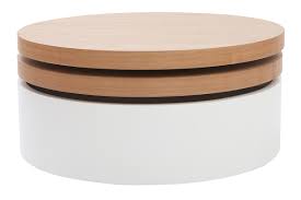 Elle est souvent entourée de canapé et de fauteuils, mais elle est très bien aussi comme meuble d'appoint sur un coin. Table Basse Ronde Avec Plateaux Pivotants Et Rangement Blanc Et Bois Icon Miliboo