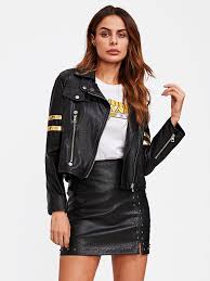 Striped Sleeve Pu Jacket Shein Sheinside Leather Jacket Girl Embellished Jacket Leather Coat Jacket