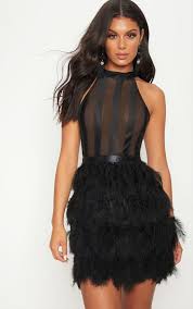 Black High Neck Sleeveless Mesh Feather Bodycon Dress Feather Cocktail Dress Dresses Bodycon Dress