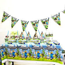 What to make for a pixelated video game party? Minecraft Theme Cartoon Plate Tablecloth Baby Shower Birthday Party Decoration Supplies Flag Cup Napkin Disposable Tableware Set Buy At The Price Of 1 07 In Aliexpress Com Imall Com