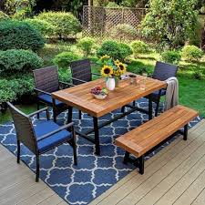 6pc Patio Dining Set: Acacia Wood Table, Bench, 4 Rattan Armchairs -  Captiva Designs : Target