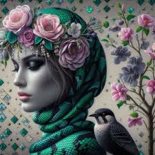 Prompt from Sylvia Stokes, it's amazing! thank you for sharing your prompt  & incredible images 💚 my take: Highly realistic surreal image of a woman  wearing a pretty flowery and diamond pearl