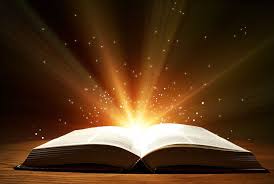 Old Open Book With Magic Light And Falling Stars On Wooden Table Ancient Books Bible Images Magic Book