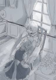 hijiki (hijiri st), izayoi sakuya, remilia scarlet, touhou, commentary  request, highres, 2girls, apron, ascot, bat wings, brooch, carpet, chair,  closed eyes, collar, collared dress, curtains, dress, dress tug, flower,  frilled apron, frilled