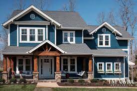 The Clover A Beautiful Craftsman Style Design Begins With A Large But Cozy Front Porch An Open Conc Craftsman House Plans House Exterior House Exterior Blue