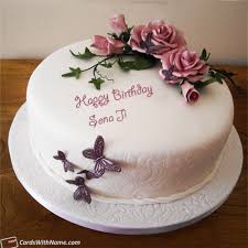 Happy Birthday Wishes Card With Name And Photo Edit Sona Ji Name Card Butterfly Birthday Cakes Birthday Cake With Flowers 70th Birthday Cake
