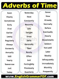 An adverb used in this way may provide information about the manner, place, time, frequency, certainty, or other circumstances of the activity denoted by the verb or verb phrase. Adverbs Of Time Pdf 100 List Of Different Types Of Adverbs Of Time English Grammar Pdf