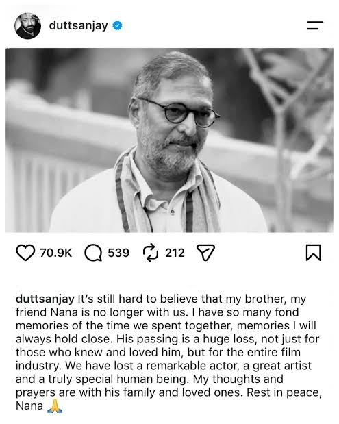 SanjayDutt remembers #NanaPatekar with a deeply emotional tribute, calling  him his “brother” and “friend.” He cherishes their memories together and  mourns the loss of a remarkable actor, a great arti