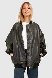 Vintage Look Oversized Faux Leather Bomber Jacket | boohoo