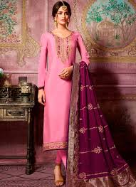 Try a soft blue cashmere sweater with a pink jacket for a day look that will melt away any remnants of winter. Buy Pink Churidar Combination Cheap Online