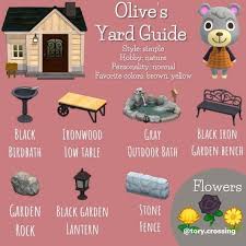 Olive S Yard Guide Animalcrossing In 2020 Black Garden Favorite Color Outdoor Garden Bench