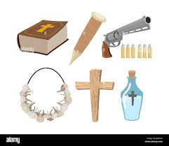 Weapons vampire hunter. Tools against undead. Garlic and silver bullets.  Bible and holy water. Aspen stake and cross. Set to kill vampires Stock  Vector Image & Art - Alamy