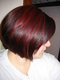 This is a fiery red asymmetrical bob cut at chin length and styled by adding several chunky black highlights in it. Pin On Hairstyles I Like