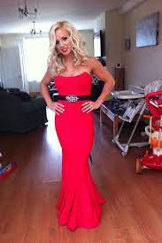 Red Ballgown Blonde Hair Red Lip Ball Gowns Dress Outfits Strapless Dress Formal