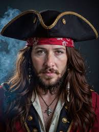 photorealistic a pirate captain in dark blue costume with noble motif with  his hat. legs lunging, his sword slashing the mouth of a large ferocious  crocodile. cracked dynamic wet shiny ground, rock