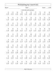 The Multiplying By 3 And 4 With Factors 1 To 9 100 Questions A Mat Multiplication Facts Worksheets Math Fact Worksheets Printable Multiplication Worksheets