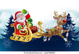 Browse christmas cartoons pictures, photos, images, gifs, and videos on photobucket Santa Sleigh Reindeer Christmas Cartoon Background Santa Claus In His Sleigh Pulled By Reindeer With Winter Landscape Canstock