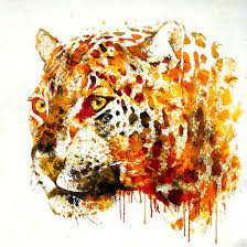 A lot of orange splashes give a sense of wildness. Watercolor Jaguar Tattoo Design