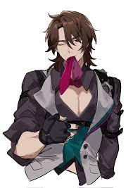 gallagher (honkai: star rail), honkai: star rail, honkai (series),  commentary request, highres, 1boy, ;), black gloves, black shirt, brown  hair, cleavage cutout, clothing cutout, facial hair, fengguncao, fingerless  gloves, gloves, grey vest,