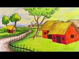 Draw a horizon line in the center of the page. How To Draw Scenery Landscape Step By Step With Color Very Easy Drawing Youtube Landscape Drawing Easy Drawing Scenery Easy Scenery Drawing