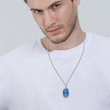 Sterling Silver Oval Opal Saint Michael Pendant Necklace for Men